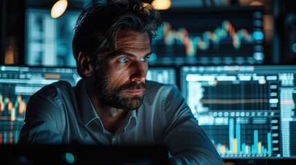 Poster - Investor sitting in the dark behind the desk and watching the graph on screen. Generative AI.