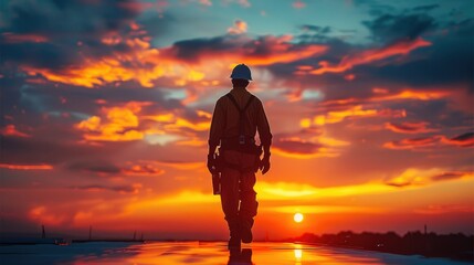 Poster - Rear view. A construction worker day ends as he walks home, the sunset painting the sky behind him. His silhouette carries the weight of the day labor. Generative AI.