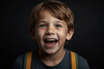 young caucasian child boy on plain bright black background laughing hysterically looking at camera background banner template ad marketing concept from Generative AI