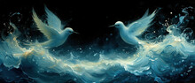 Painting Of Two White Birds Flying Over A Wave Of Water