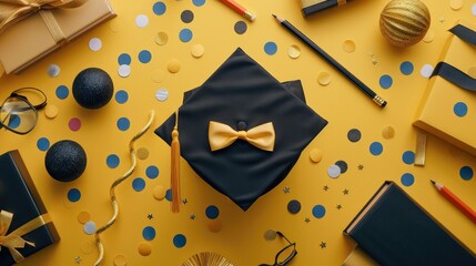Top-view shot of graduation with graduation cap, diploma, stationery, books, pencils, glasses, confetti, tinsel on yellow backdrop. Generative AI.