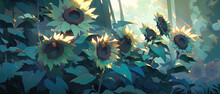 A Many Sunflowers That Are In The Sun On The Ground