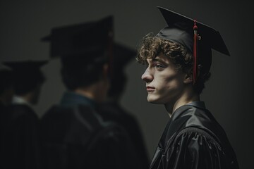 Wall Mural - beautiful man in academic cap,  student, graduate in robes, graduation, black background