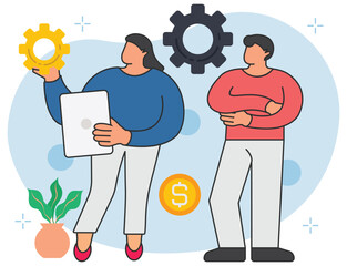 Poster - Girl and man working on money management background illustration