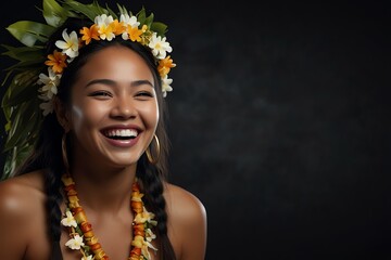 Wall Mural - young native hawaiian woman on plain bright black background laughing hysterically looking at camera background banner template ad marketing concept from Generative AI