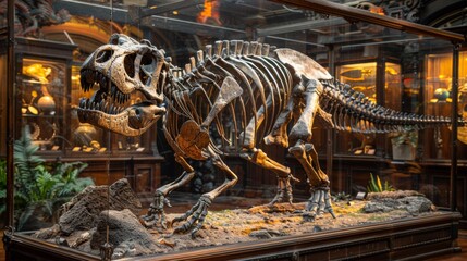 Canvas Print - A skeleton of a dinosaur in an exhibit case with other fossils, AI