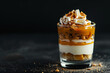 Healthy layered dessert with yogurt, mango and nuts in a glass