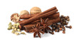 Heap of different aromatic spices on white background
