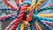 Team rope diverse strength connect partnership together teamwork unity communicate support. Strong diverse network rope team concept integrate braid color background cooperation empower, Generative AI