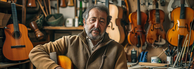 musical instruments maker in his workshop looking into camera, small business concept