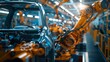 Automotive engineer uses tablet at car factory, robotics in background, close-up with 4K realism