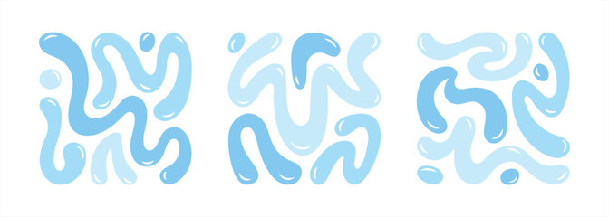 Aufkleber - Water blobs, drips, squiggles, groovy doodle wavy stripes inscribed in a square shape, bold scribbles, liquid spots. Blue fluid watery graphic design elements set, aquatic text backgrounds collection.
