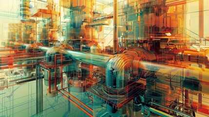 Sticker - A digital image of a large pipe system with many pipes, AI