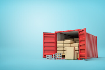 Poster - 3d rendering of red shipping container filled with packs and bricks on blue background