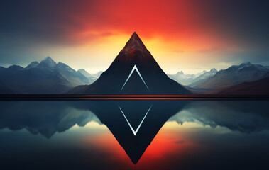 Wall Mural - Unreal fantastic fantasy landscape with a triangle in the water. AI generated