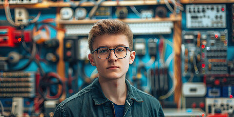 Wall Mural - young man with glasses in front of an electronic equipment repair shop, business concept