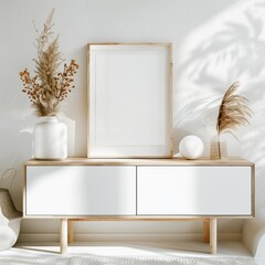 Wall Mural - vertical wooden frame mock up on white wooden sideboard cabinet, wooden frame with vase with dry grass, poster on white wall