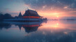 Traditional Thai Temple at Sunrise with Reflective Water. Majestic Wat Illuminated by Warm Sunrise Light with Misty Mountain Background. Cultural Architecture and Travel Destination Concept for Poster