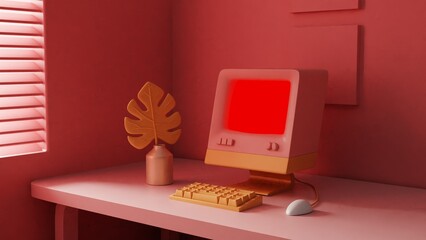 Aufkleber - Monochrome Elegance: A Coral Workstation with a Retro Twist
