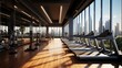 Cityscape Fitness: Modern Gym Interior with High-Tech Equipment and Urban Views