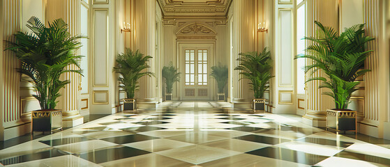 Wall Mural - Luxurious Palace Interior, Elegant Hall with Marble Floor, Classic Architecture with Decorative Elements