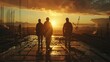 © Atchariya63 - Dramatic wide shot of ironworkers, silhouetted in the early morning light on a job site