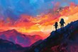 © 3DLeonardo - Illustration that captures the soft, early morning light of a sunrise over a mountain range, with hikers in silhouette against the vibrant sky