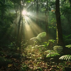 Wall Mural - Sunbeams breaking through a dense forest canopy, illuminating the mist and the forest floor