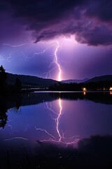 Wall Mural - A night scene with a thunderstorm. The sky is covered with dark clouds, from which you can see a strong lightning striking the ground and reflecting on the water surface. Lighting the lightning makes 