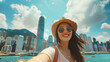 Travel Photography, A joyful solo traveler captures a selfie with a bustling city skyline.