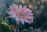 Fototapeta Tęcza - A cyberpunk daisy blooms with dew drops on it, Illuminated by neon lights.