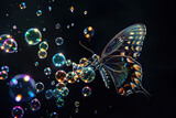 Fototapeta Tęcza - Abstract colorful butterfly landing on a soap bubble.