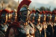 Ancient Greek Spartan commander in armor with an army behind awaiting battle