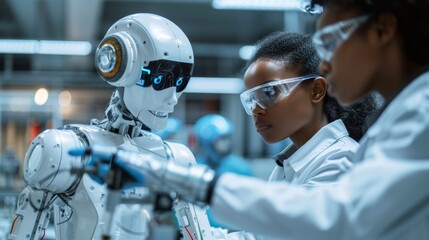 Wall Mural - Two women in lab coats working with a robot, AI