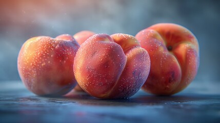 Poster - A group of peaches are sitting on a table with water droplets, AI