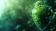 Virus protection shield, abstract, Vivid 3D rendering of a protective shield defense against viral infection, immersed in a green misty haze.