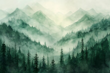Fog In The Mountains Among Tall Fir Trees