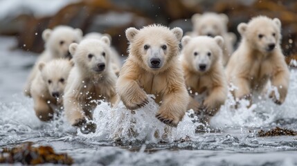 Wall Mural - A group of a bunch of polar bears running through the water, AI