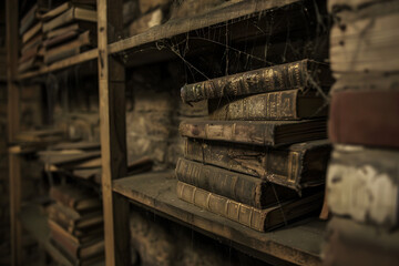 Antique books covered in dust and cobwebs on wooden shelves, depicting a forgotten library or an old archive with a mysterious, vintage atmosphere.