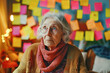 Memory Notes: Elderly Woman Contemplating Amidst Reminders. Illustration of a senior woman with glasses surrounded by sticky notes, a conceptual representation of coping with memory loss or dementia.