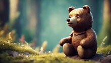 Teddy Bear Is Sitting On A Rock In A Forest