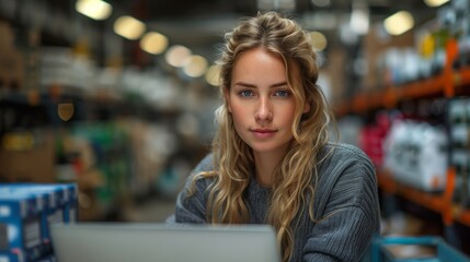 Poster - Young Businesswoman Working in Warehouse. Young businesswoman using a laptop in a warehouse environment, managing inventory or logistics operations.