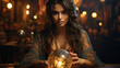 mysterious beautiful gypsy woman tells fortunes or predicts fate on a mystical ball, banner