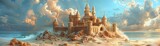 Majestic sandcastle designs, clipart featuring intricate turrets and colorful banners, for playful projects cinematic