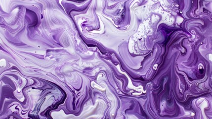  A closeup of purple and white acrylic paint swirling together, creating an abstract pattern on the canvas