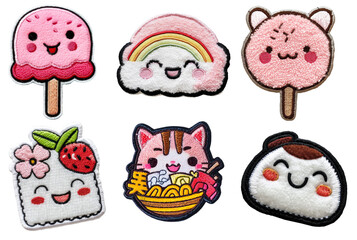sweet kawaii embroidered patch badge set on transparent background