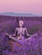 A skeleton practicing yoga in a serene lavender field at twilight