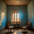 Ancient Biblical Heritage: Humble Room with Arched Window and Simple Wooden Furniture.