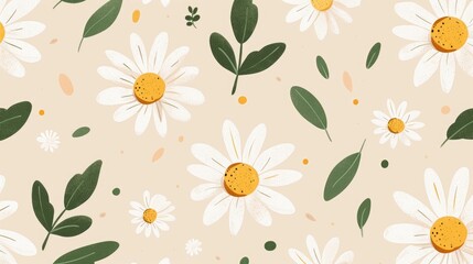 Wall Mural - A seamless pattern of white daisies with yellow centers and green leaves in a flat illustration style as a vector design on a pastel beige background creates a playful and cheerful mood