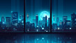 blue color silhouette of city skyline, Cityscape with light from window background in flat icon design.